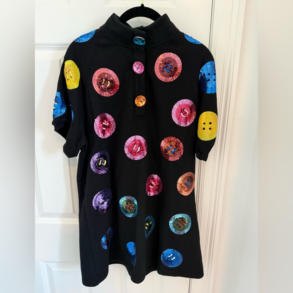 QUEEN OF SPARKLES Black Dress with Colorful Sequin Buttons